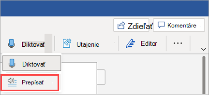 Zobrazuje tlačidlo Prepis v Word