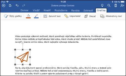 Word pre iOS so zobrazenou kartou Úprava grafiky