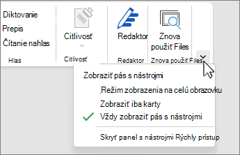 Ponuka možností zobrazenia pása s nástrojmi