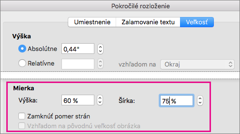 Na karte Veľkosť v poli Rozšírené rozloženia sú zvýraznené možnosti mierky.