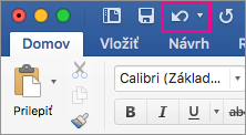 Príkaz Späť je zvýraznený na páse s nástrojmi.