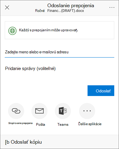 Snímka obrazovky dialógového okna zdieľania v Androide