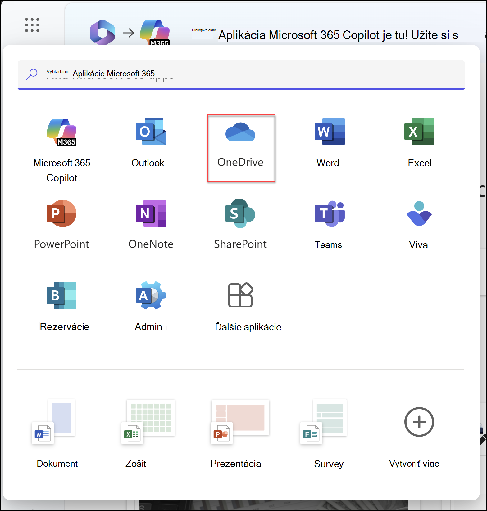 Okno prehliadača s otvoreným spúšťačom aplikácií a zvýraznenou aplikáciou OneDrive