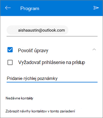 Snímka obrazovky s pozvaním ľudí na zdieľanie súboru z OneDrivu pre Android