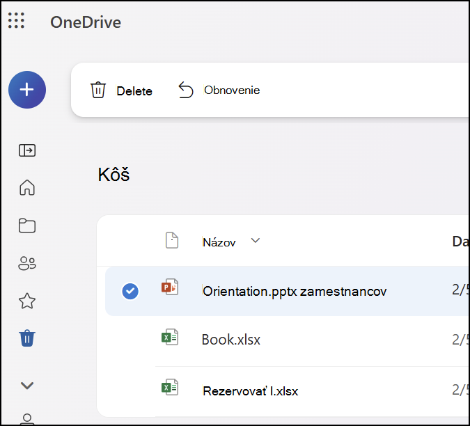 Snímka obrazovky zobrazujúca kartu Kôš na lokalite OneDrive.com.