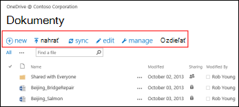 Ak chcete začať pracovať vo OneDrive for Business alebo knižnici dokumentov na tímovej lokalite SharePointu Online, použite panel rýchlych príkazov v Office 365.
