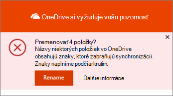 Snímka obrazovky s oznámením o premenovaní v počítačovej aplikácii na synchronizáciu OneDrivu