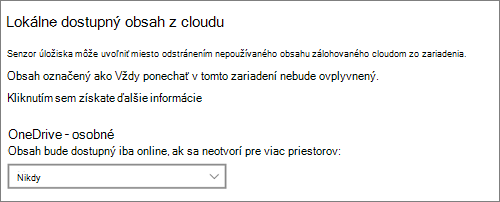 Rozbaľovací zoznam Úložisko vo Windowse 10 na výber, kedy nastaviť súbory OneDrivu iba online