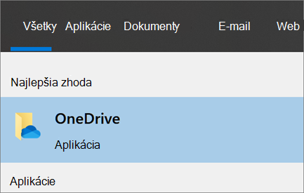 Snímka obrazovky hľadania počítačovej aplikácie OneDrive vo Windowse 10