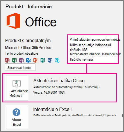 Pri inštaláciách pomocou technológie Klikni a spusti je na stránke Konto k dispozícii tlačidlo Možnosti aktualizácie. Inštalácie s inštalátorom MSI toto tlačidlo nemajú.
