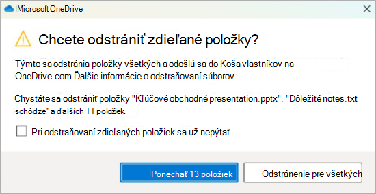 Snímka obrazovky s výzvou na potvrdenie odstránenia zdieľaných súborov vo OneDrive