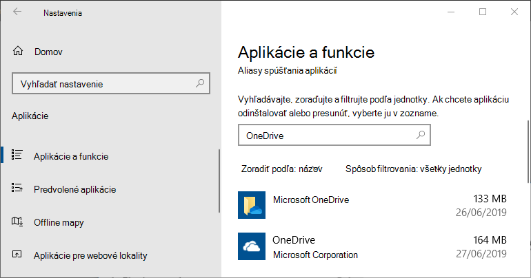 OneDrive v nastaveniach aplikácií vo Windowse