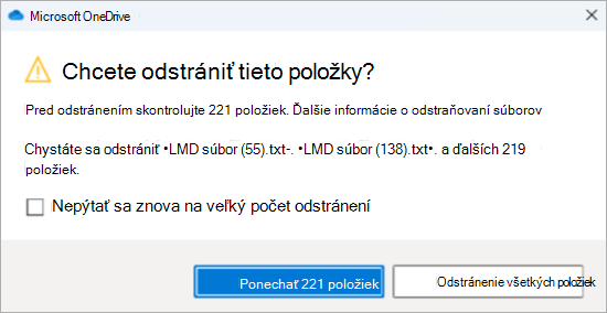 Snímka obrazovky s potvrdzovacou výzvou vo OneDrive na odstránenie veľkého počtu súborov