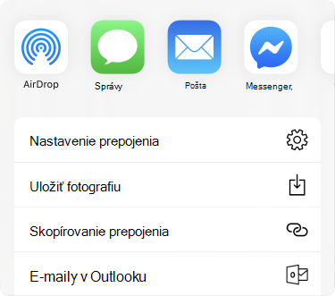 Ponuka Zdieľať s aplikáciami v hornej časti a zoznam možností zdieľania pod nimi.