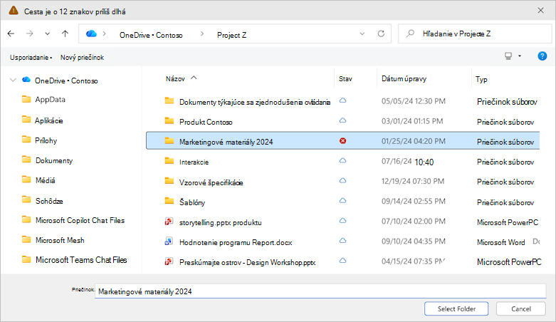 Snímka obrazovky zobrazujúca dialógové okno výberu priečinka vo OneDrive.