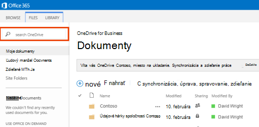 Snímka obrazovky s poľom dotazu One Drive v službách Office 365.