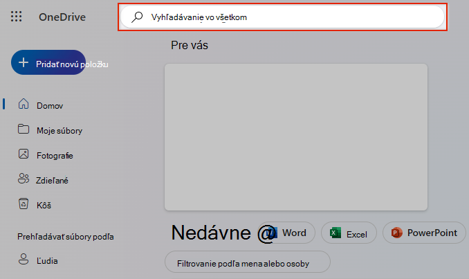 Možnosť Prehľadávať všetko vo OneDrive