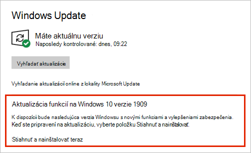 Windows Update zobrazujúca umiestnenie aktualizácie funkcií