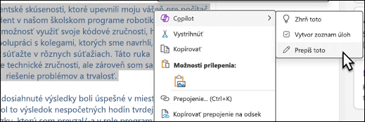 Vybratý text vo OneNote. Zobrazí sa kontextová ponuka s vybratou položkou Copilot a vybratou položkou Prepísať v podponuke.