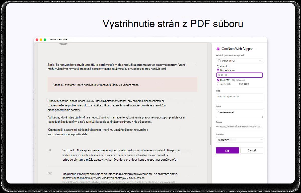 Snímka obrazovky strany PDF súboru s bočným panelom na nastavenia. Text v hornej časti hovorí, že sa majú vystrihnúť strany z PDF súboru.