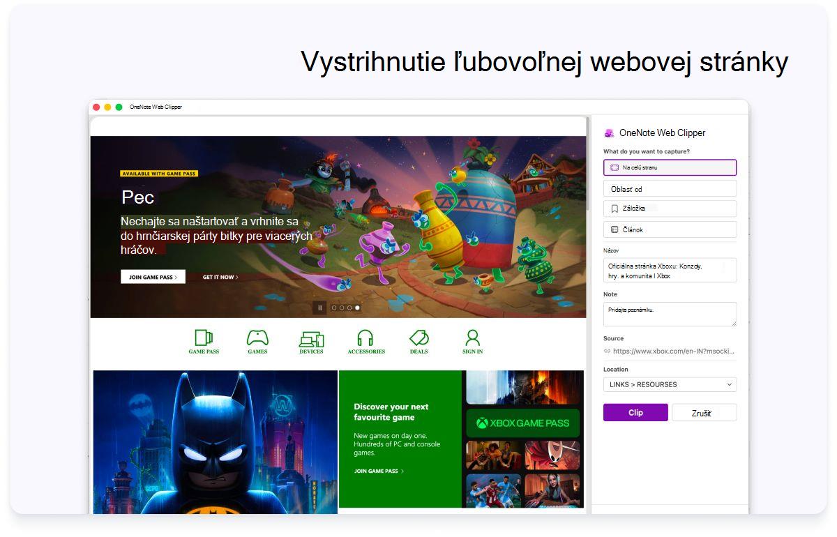 Snímka obrazovky s celou webovou stránkou a bočným panelom na nastavenia. Text v hornej časti hovorí, že sa má vystrihnúť ľubovoľná webová stránka.