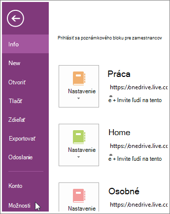 Možnosti vo OneNote