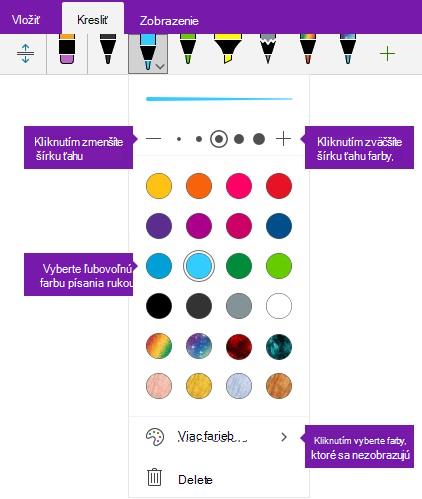 Možnosti šírky a farby ťahu perom vo OneNote pre Windows 10