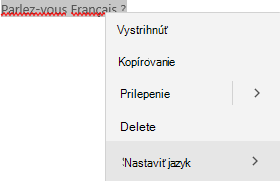 Vybratý francúzsky text zobrazujúci kontextovú ponuku nastavenia jazyka.