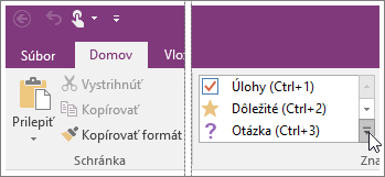 Snímka obrazovky so zoznamom značiek vo OneNote 2016.