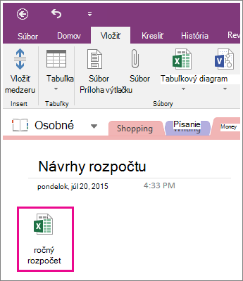Snímka obrazovky s priloženým tabuľkovým hárkom vo OneNote 2016.
