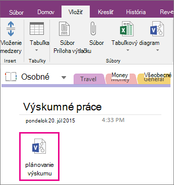 Snímka obrazovky s postupom priloženia súboru Visia na stranu vo OneNote 2016.