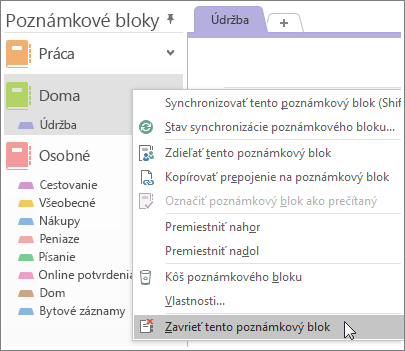 Snímka obrazovky s postupom zatvorenia poznámkového bloku vo OneNote 2016.