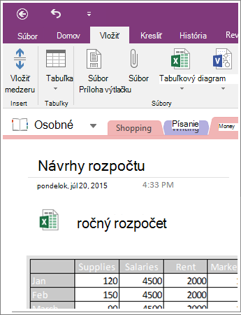 Snímka obrazovky s vloženým tabuľkovým hárkom vo OneNote 2016.