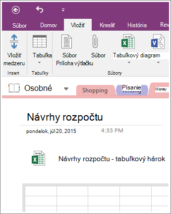 Snímka obrazovky s novým tabuľkovým hárkom vo OneNote 2016.