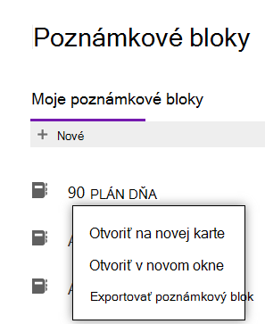 Ponuka zobrazujúca postup Exportovať poznámkový blok vo OneNote