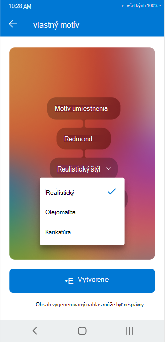Obrazovka zobrazujúca selektor rozbaľovacieho zoznamu, ktorý sa používa na úpravu konfigurovateľných atribútov vlastného motívu v Outlooku pre Android