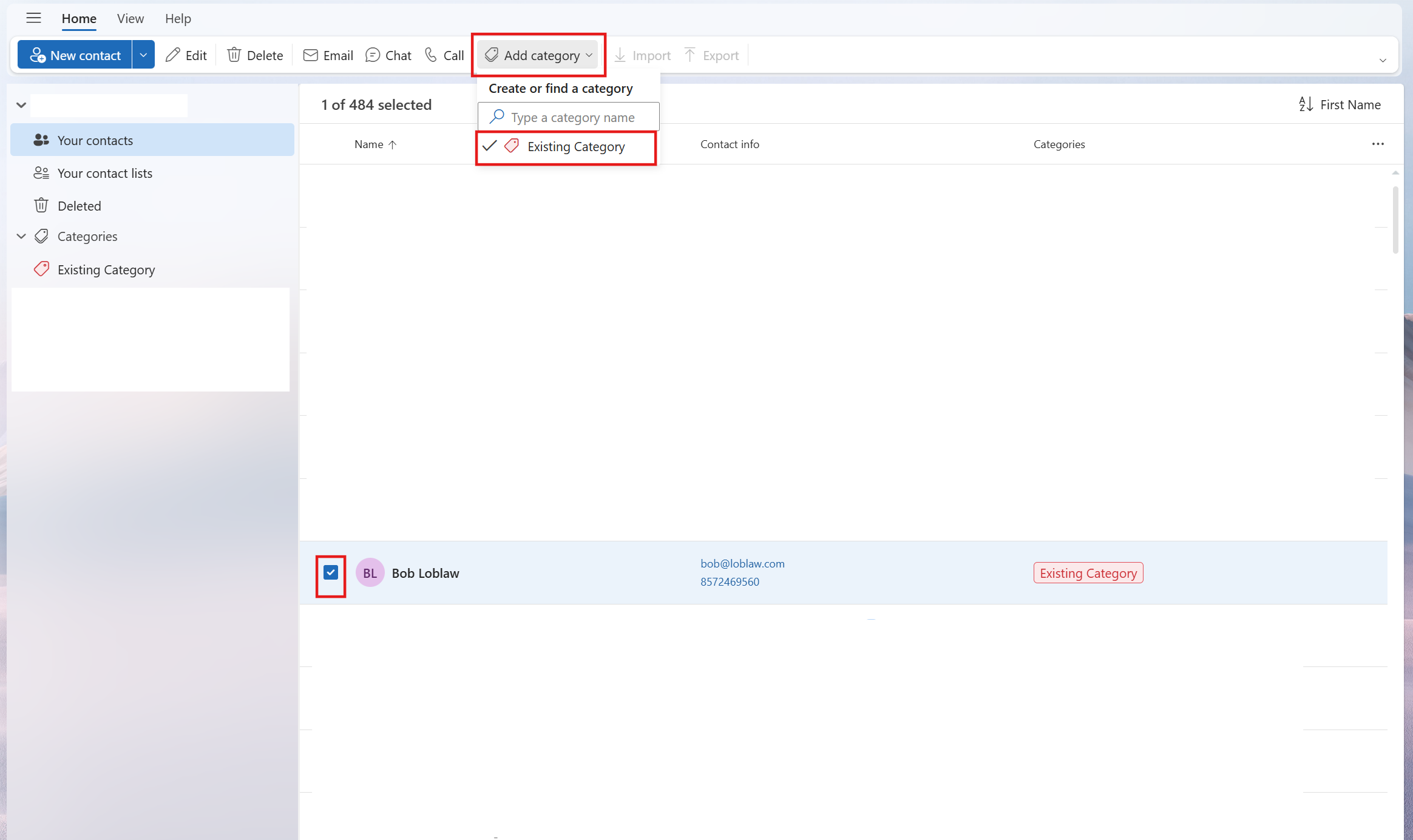 Kategorizácia kontaktu do existujúcej kategórie pomocou pása s nástrojmi
