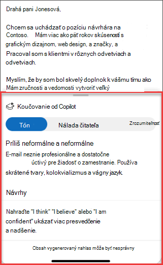 Návrhy funkcie Copilot týkajúce sa tónu, jasnosti a nálady čitateľa v Outlooku pre mobilné zariadenia