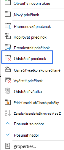 Snímka obrazovky s vybratou možnosťou Odstrániť priečinok na navigačnej table.