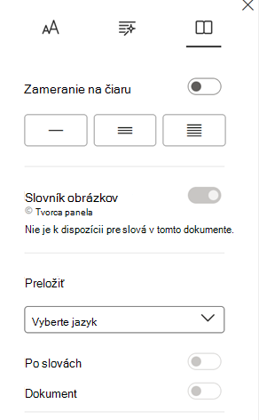 Tabla Predvoľby čítania s možnosťami Preložiť jazyk, Podľa slova a Dokument.