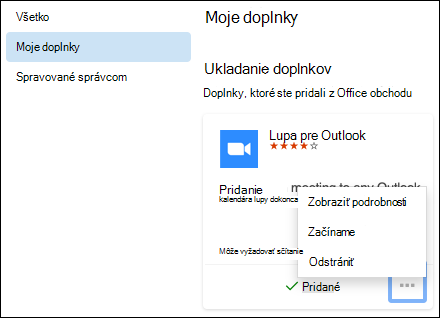 Ponuka Moje doplnky v Outlooku pre Mac.