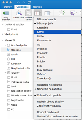 Kliknutím na položku Zoradiť > a Usporiadať podľa > a výberom možností zo zoznamu môžete svoju poštu triediť rôznymi spôsobmi