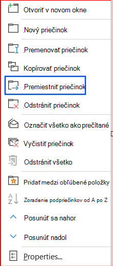 Snímka obrazovky s vybratou možnosťou Premiestniť priečinok na navigačnej table.
