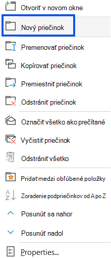 Snímka obrazovky znázorňujúca výber nového priečinka na navigačnej table klasického Outlooku.
