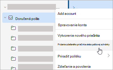 Snímka obrazovky zobrazujúca výber možnosti Pridať zdieľaný priečinok alebo poštovú schránku