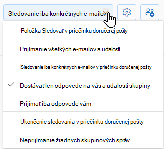 V rozbaľovacom zozname sa zobrazia možnosti, ktoré môžete sledovať v doručenej pošte, sledovať iba konkrétne e-maily v doručenej pošte alebo ukončiť sledovanie v doručenej pošte.