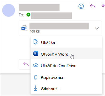 Snímka obrazovky zobrazujúca rozbaľovací zoznam na otvorenie prílohy vo Worde