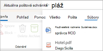 Ak chcete vidieť výsledky hľadania len s prílohami, vyberte položku Files.