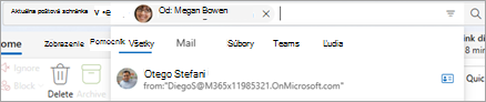 Zadaním textu do panela hľadania sa zobrazia návrhy rozsahu vyhľadávania, ako napríklad Všetky, Pošta, Files, Teams a People.