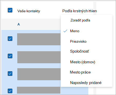 Snímka obrazovky s možnosťami zoradenia kontaktov